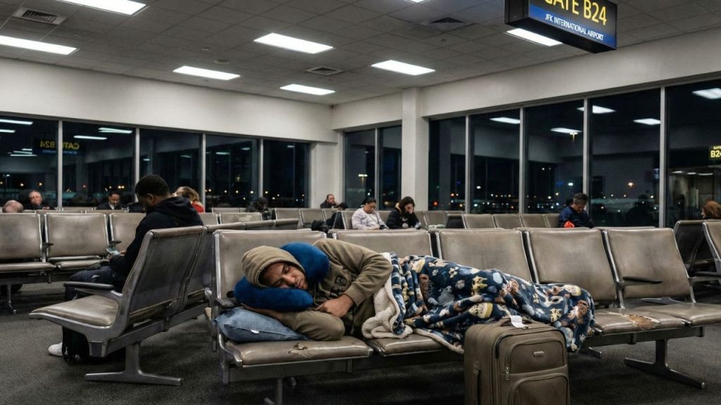 Traveler sleeping across JFK airport seats with blanket during overnight layover.