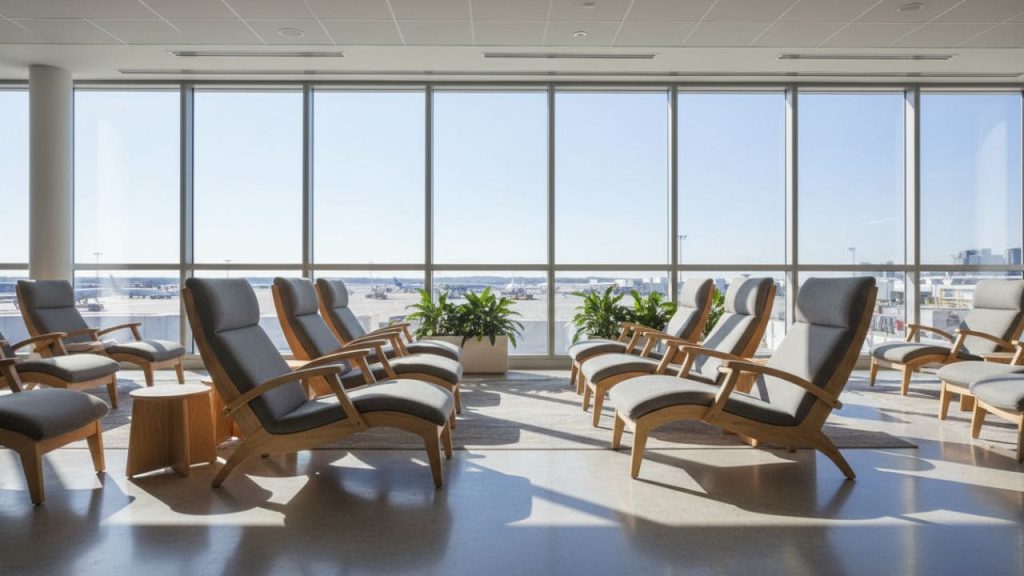 Muskoka lounge chairs at Toronto airport YYZ rest zone daytime