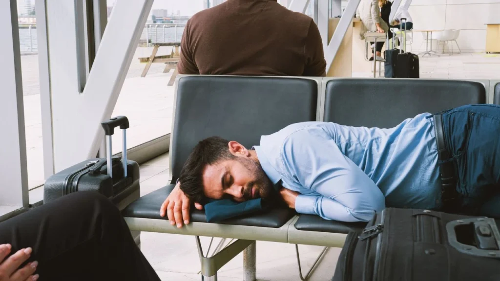 man sleeping on a hard airport bench seat
