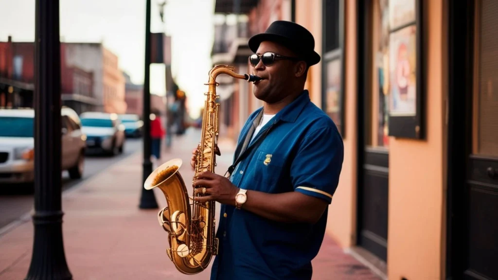 man playing saxophone on new orleans jazz festival