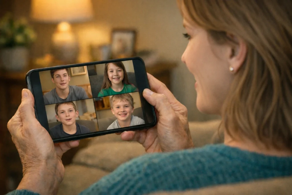 mom watching video of her children wishing her a Happy Mother's Day