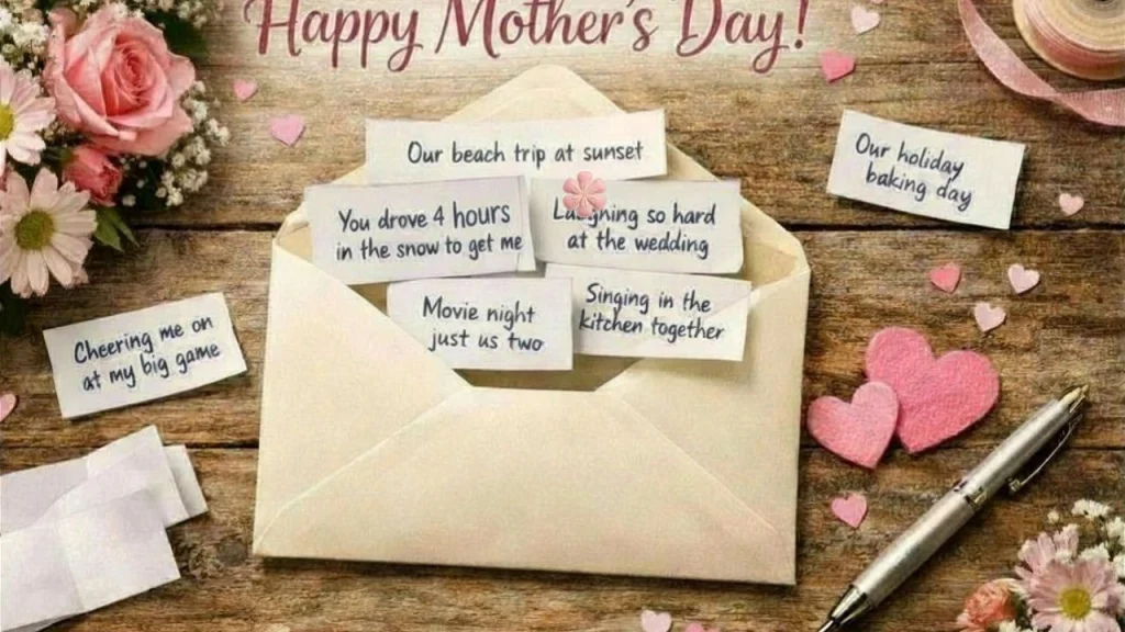 mothers day envelope trick: envelope with strips of paper suggesting heartfelt messages to mom