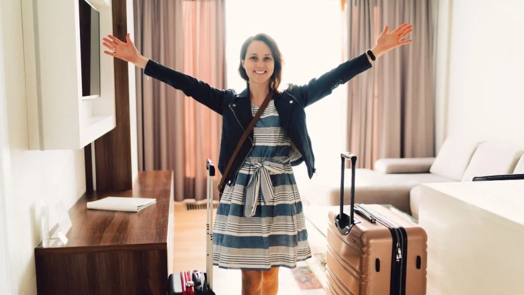 tourist staying in hotel in a happy mood
