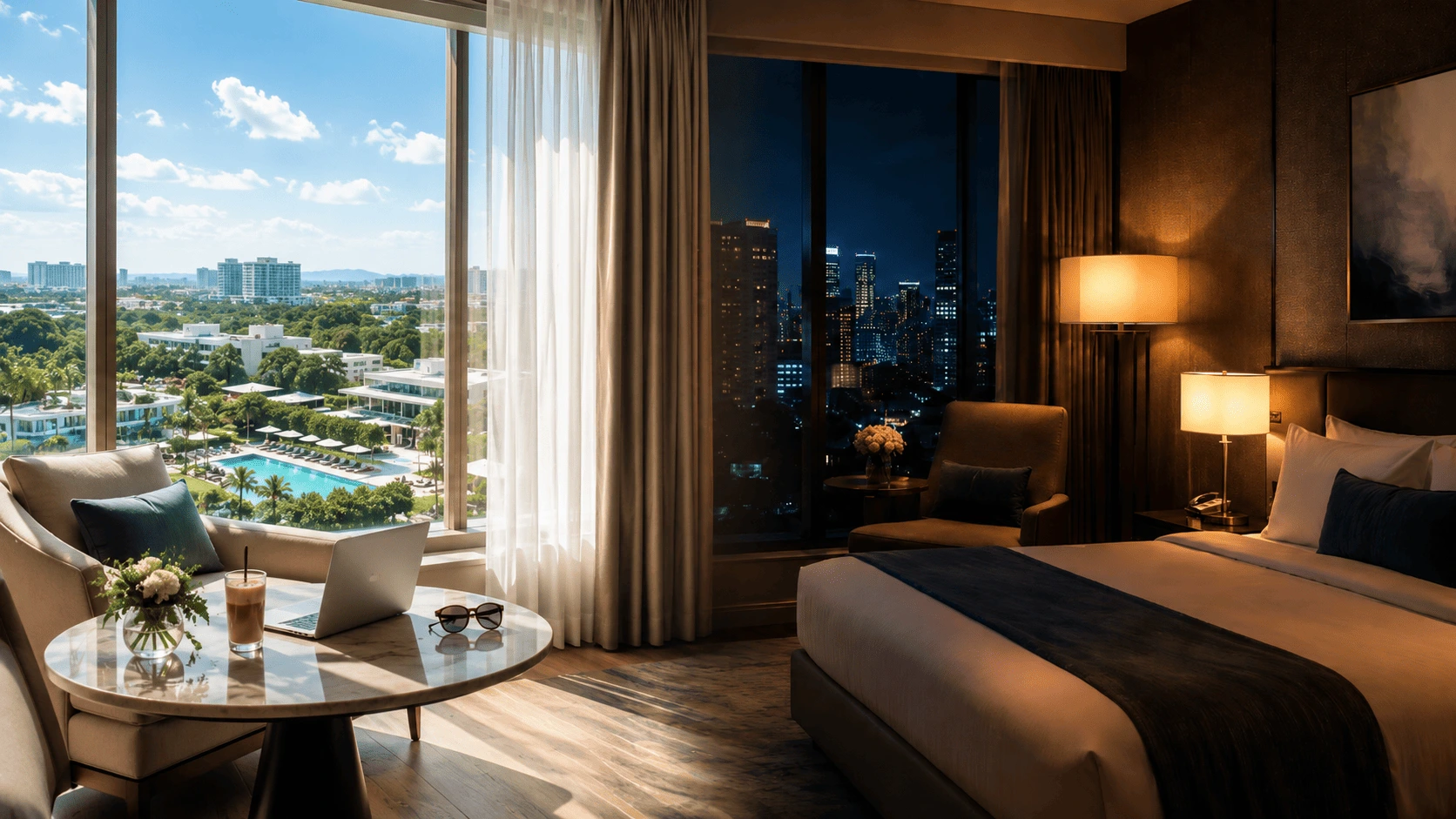 day stay vs night stay: a combination of daytime hotel scene and nighttime hotel scene