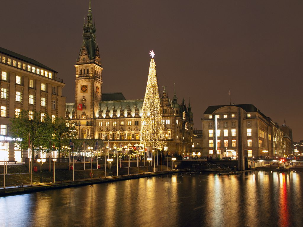 City Hall and Christmas tree by night in Hamburg, Germany.