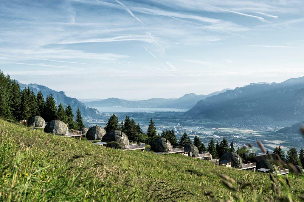 Landscape surrounding Whitepod eco luxury hotel in Swiss Alps.