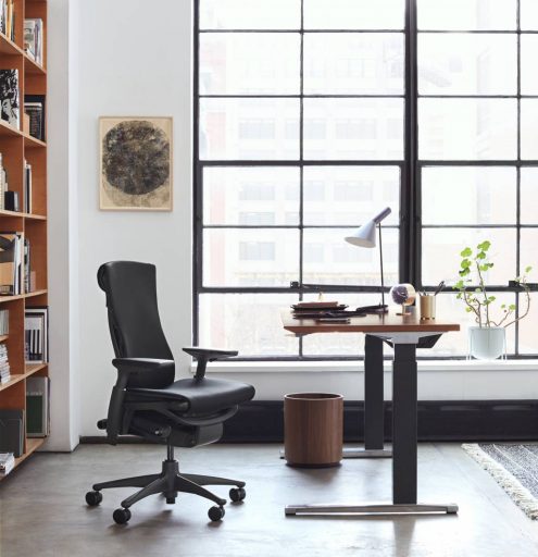 Two fabulous ergonomic work products — Herman Miller's Embody chair with the Renew Sit-to-Stand desk.