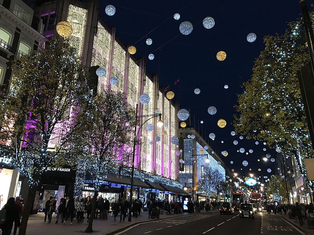 Magical Christmas and holiday lights shine on London street