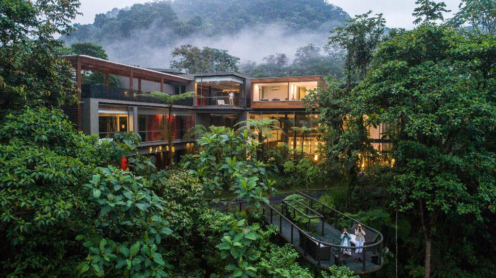 View of hotel in the rainforest with fog and foliage everywhere.