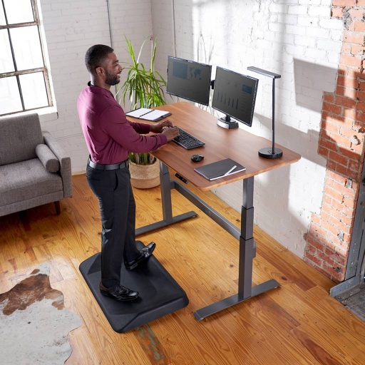 Remote worker stands at Varidesk Electric Pro with two monitors during the day.