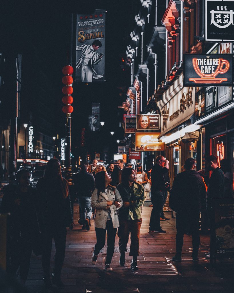 Nighttime in London's Soho District near the Theater Cafe and various other establishments.