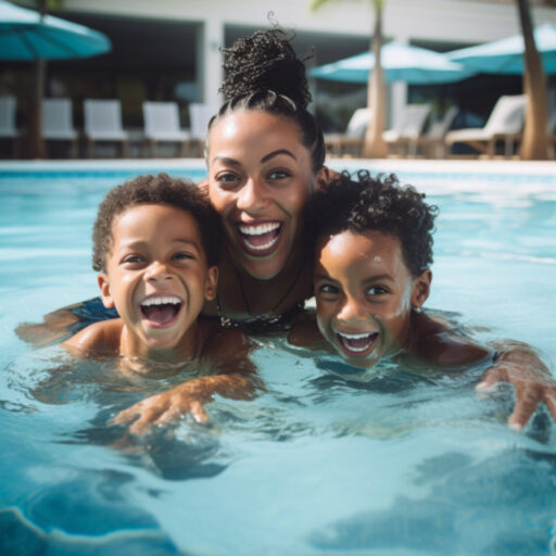 Mom and children having fun in hotel swimming pool.