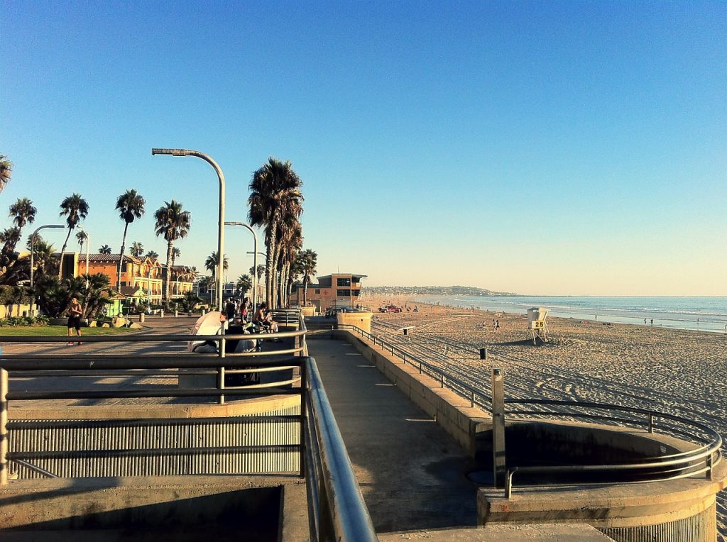 Serene Pacific Beach under clear blue skies in San Diego. 