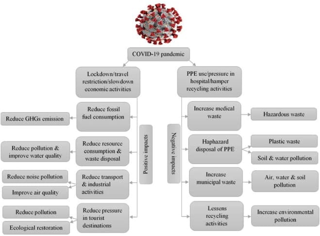 A flow diagram breaking down all the positive and negative effects on the environment from COVID-19 pandemic.